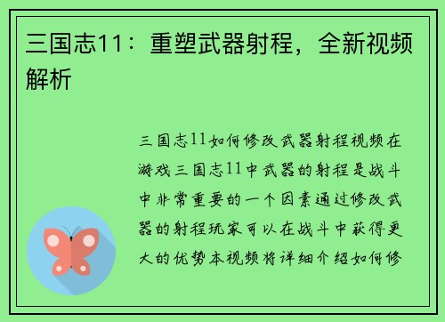 三国志11：重塑武器射程，全新视频解析